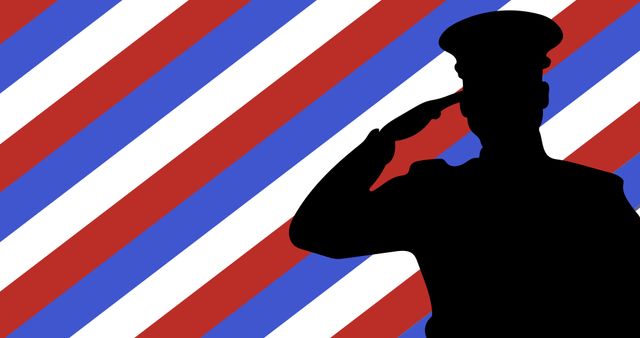 Silhouette of military officer saluting against background of diagonal red, white, and blue stripes symbolizes patriotism and respect for service. Suitable for Veterans Day, military tributes, patriotic events, and educational purposes.