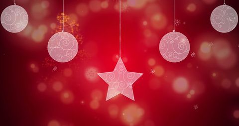 Festive Christmas Baubles and Star on Red Background