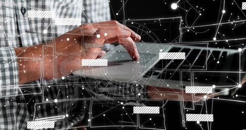 Hands Typing on Laptop Trackpad with Futuristic Holographic Interface and Digital Network