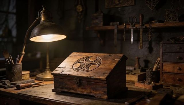 Antique carved wooden chest sitting on vintage workbench under warm brass lamp in workshop