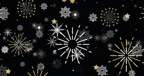 Festive fireworks and snowflakes pattern on black background