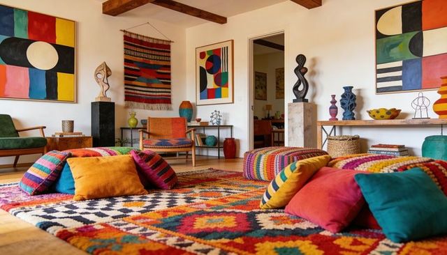 Vibrant bohemian living room featuring geometric rug, round poufs and colorful pillows