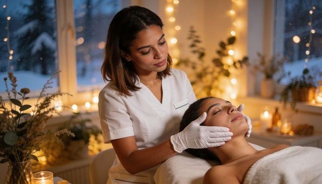 Cozy winter spa esthetician performing facial treatment with gloves in candlelit room
