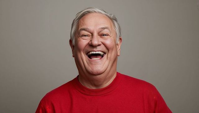 Laughing senior man wearing red crewneck smiling joyful headshot for lifestyle