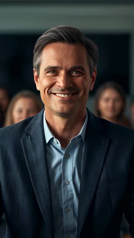 Smiling business presenter delivering confident message in conference room vertical leadership video