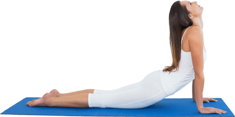 Caucasian woman practicing yoga on blue mat transparent background