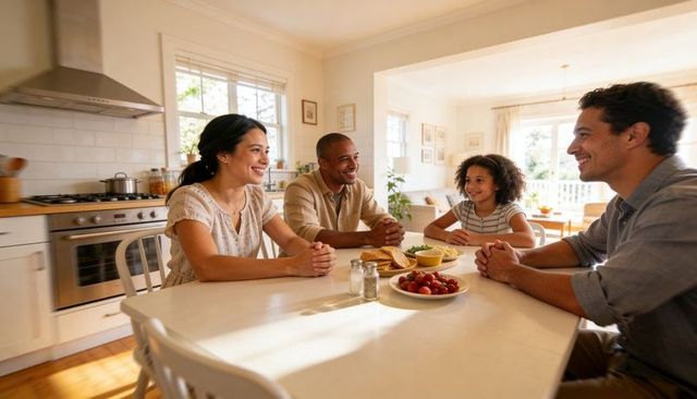 Family of four chatting around sunlit kitchen table with strawberries, smiling and relaxed
