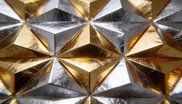 Gold silver faceted geometric panel reflecting light macro metallic tessellated texture