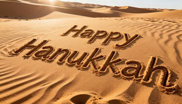 Happy hanukkah carved in golden desert sand at sunset with rippling dunes and footprints
