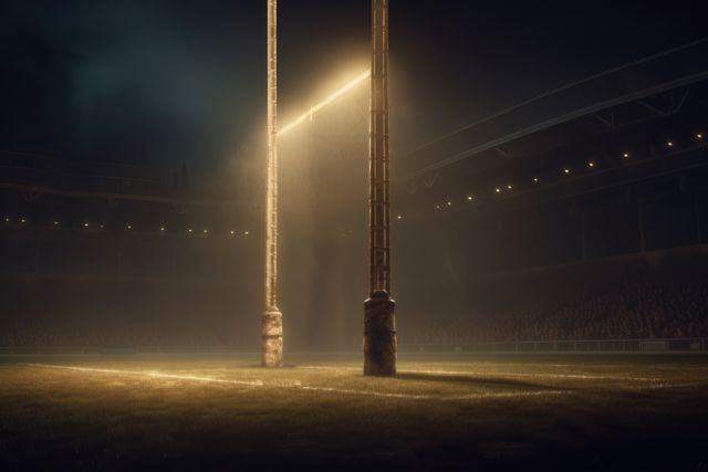 Rugby goal on rugby pitch at night, created using generative ai technology. Rugby, sports and competition concept digitally generated image.
