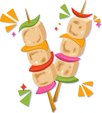 Colorful cartoon vegetable kabobs with festive look on transparent background
