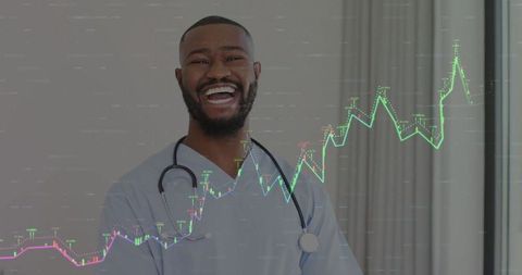 Smiling Nurse in Scrubs with Analytics Graph Overlay