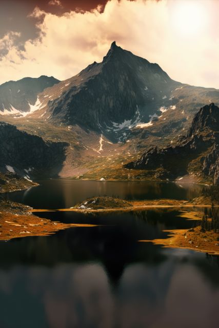 Scenery with mountains, river and sky with clouds created using generative ai technology. Landscape and nature concept digitally generated image.