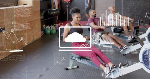 Diverse Gymgoers Rowing with Financial Data Visuals