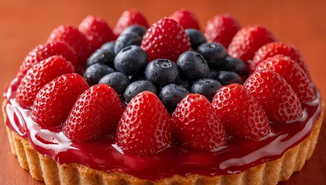 Glazed berry tart featuring strawberries and blueberries on golden fluted crust