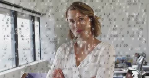 Businesswoman in Modern Tech Office Surrounded by Digital Binary Data