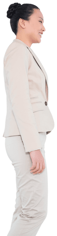 Smiling Businesswoman in Beige Suit on Transparent Background