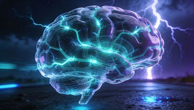 Levitating Neon Brain with Holographic Circuitry and Electric Arcs Representing Neural AI