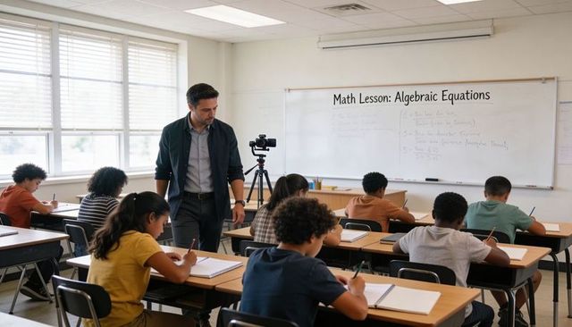 Male teacher monitoring middle school students solving algebra while tripod camera records