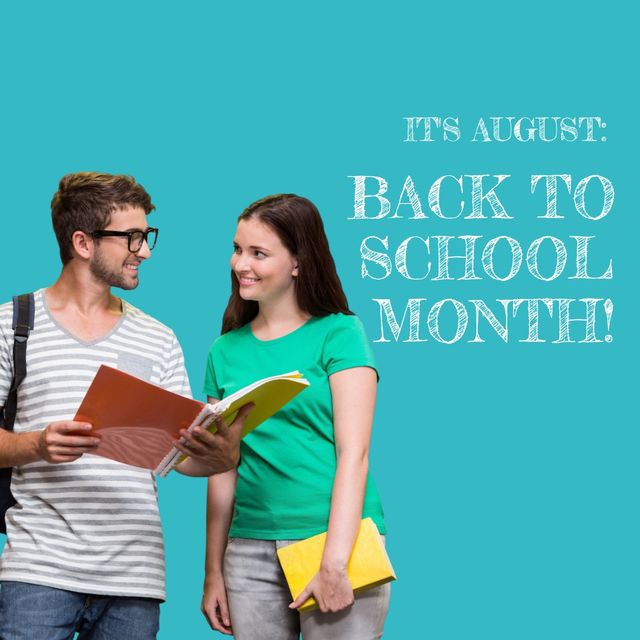 Composite of caucasian teenager boy and girl with books and it's august back to school month text. blue background, copy space, student, togetherness, smiling, education and school concept.