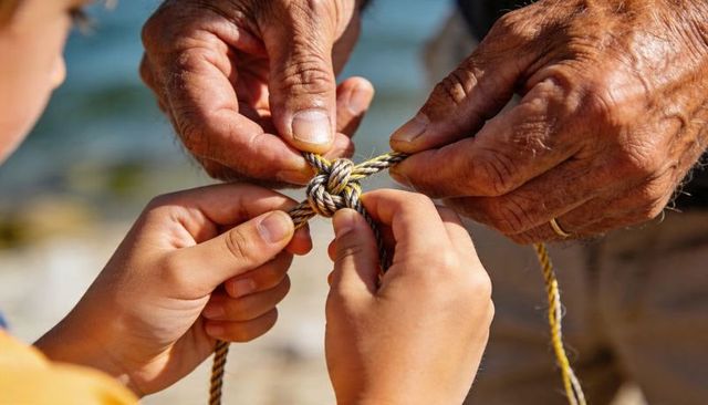 Grandfather teaching grandchild knot tying on sunlit beach hands close-up tricolor rope