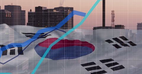 Financial growth and urban development amidst south korean flag imagery