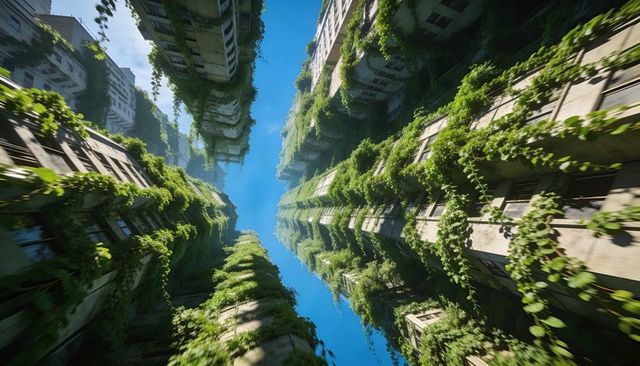 Towering vertical urban jungle vines climbing concrete high-rise canyons beneath blue sky