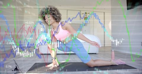Home fitness woman performing kneeling side-plank with tablet and financial chart overlays