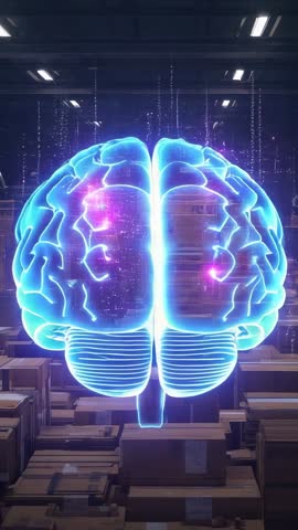 Vertical video projecting neon holographic brain rotating over warehouse with streaming code