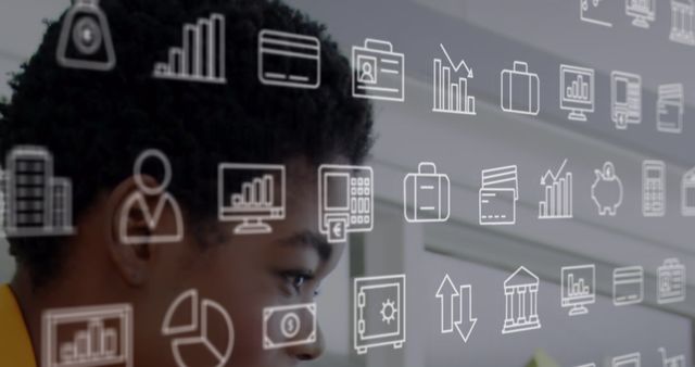 This image showcases a professional woman intently focused on analyzing digital financial data and icons. Suitable for use in articles or presentations about finance, business analytics, technological advancements in finance, and data analysis in professional settings.