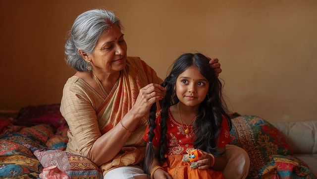Indian grandmother braiding granddaughter hair in warm bedroom with colorful quilts and cushions