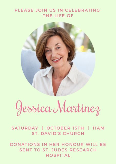 This template can be used for creating invitations for memorial services or celebration of life ceremonies. The image features a joyful woman with a warm smile, conveying a sense of warmth and accomplishment. Perfect for inviting community members to gather and honor the memory of a loved one, with details on the event location, time, and instructions for donations included.