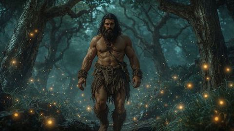 Powerful caveman in mystical forest surrounded by glowing orbs