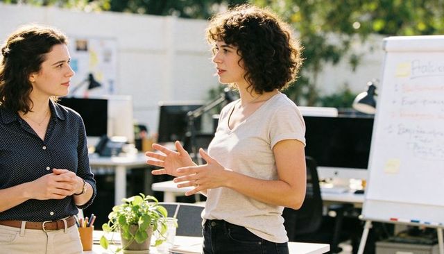 Curly-haired woman presenting by flip chart while colleague listens in bright collaborative office