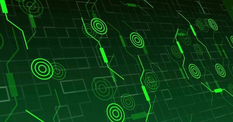 Neon Green Network Topology Visualization Showing Radar Nodes, Circuit Links, Slanted Grid
