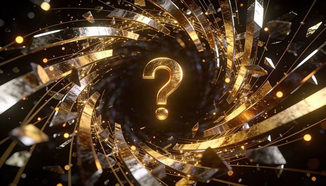 Glowing golden question mark hovering in metallic vortex with swirling gold silver ribbons