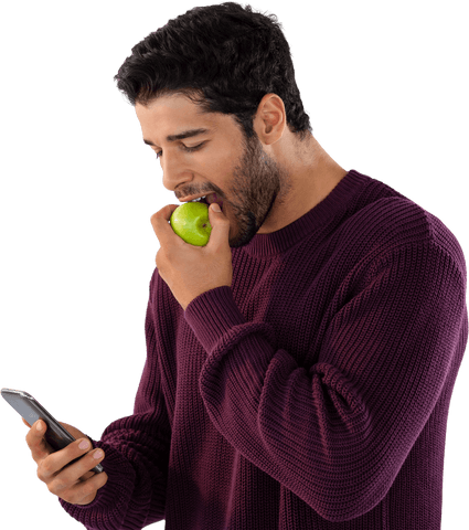 Young Man Eating Apple and Using Phone on Transparent Background