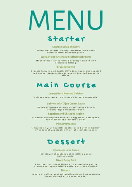 This image features an elegant and sophisticated menu design suitable for restaurants, cafes, or gourmet dining events. The menu provides starters, main courses, and desserts with gourmet dishes and creative food presentation. It uses modern typography, making it aesthetically pleasing. Ideal for upscale dining establishments, promotional material, and food industry events.