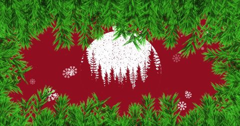 Snowy Christmas Bauble with Fir Tree Decorations on Red