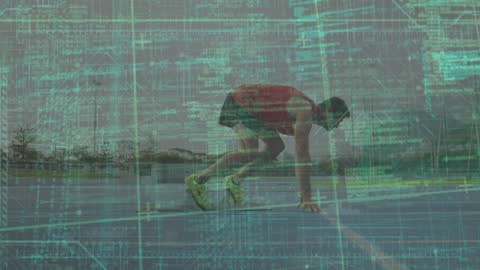 Athlete in Starting Position with Digital Data Overlay