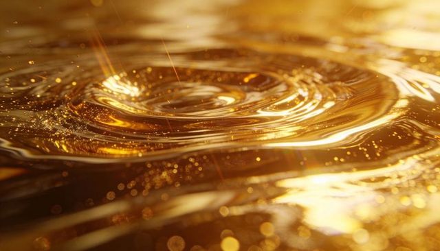 Swirling golden liquid vortex with glitter ripples and bokeh luxury abstract background