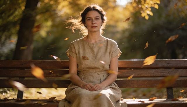 Woman sitting on bench wearing linen dress in sunlit autumn park with falling leaves
