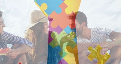 Friends Enjoying Beach Party with Colorful Puzzle Overlay