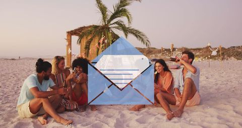 group of friends enjoying a fun day at the beach, sharing drinks and laughter while a digital email icon overlay adds a tech element. perfect for concepts illustrating digital connectivity, social media campaigns, summer events, and technology integrated leisure activities. suitable for bloggers writing about modern beach outings or advertisers focusing on youthful digital networking.