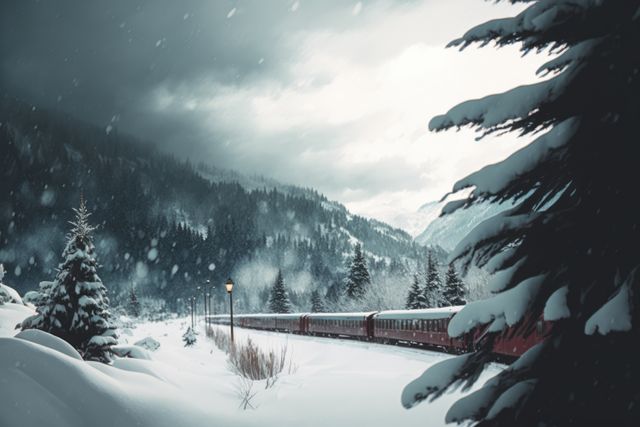 Image depicts a train traveling through snowy mountain landscape surrounded by evergreen trees and falling snow. Useful for illustrating winter travel, nature exploration, and scenic transportation themes. Perfect for travel blogs, vacation advertisements, and seasonal greetings.