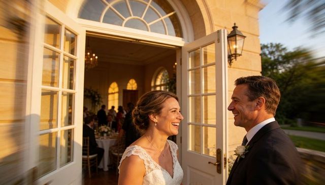 Bride and groom smiling at reception through open french doors in golden hour