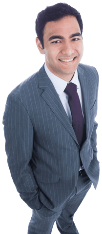 Smiling Biracial Businessman in Pinstripe Suit on Transparent Background