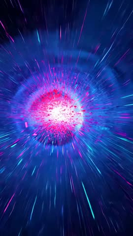 Pulsing cosmic core emitting neon cyan-magenta streaks with concentric rings vertical video