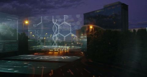 Futuristic UI Displays DNA and Molecules in Urban Nightscape