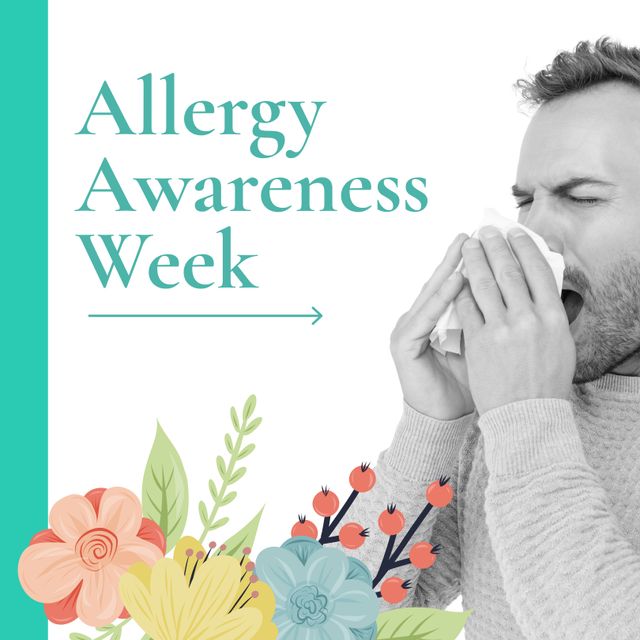 Allergy Awareness Week Concept with Man Sneezing and Floral Design - Download Free Stock Templates Pikwizard.com